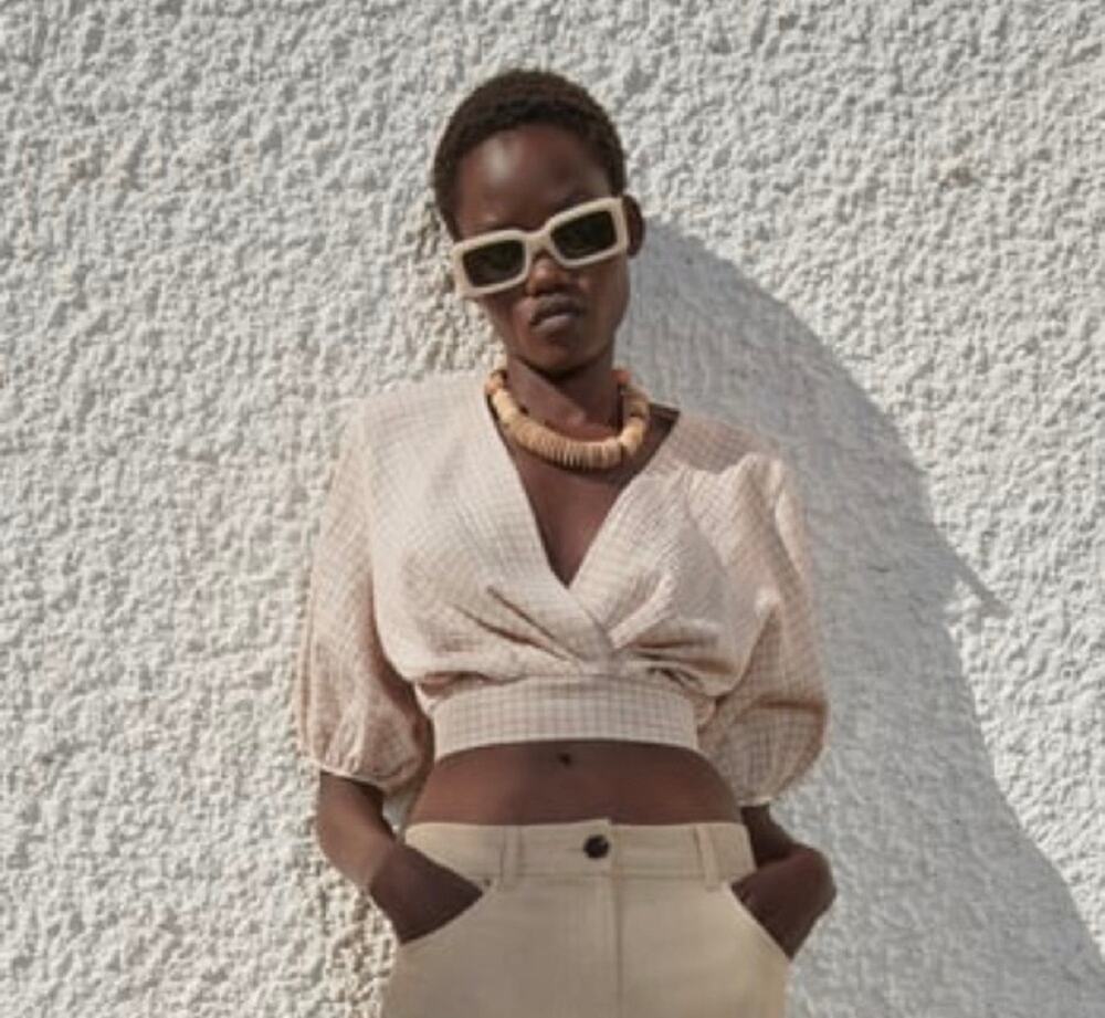 Zara 90s Minimal Plaid Wrap Crop Top Puff Sleeve Blouse S